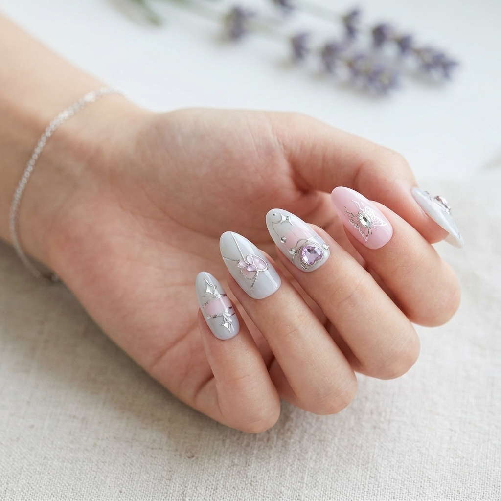 Conjunto de Unhas Postiças Decoradas com Strass e Laços Metallicos - Image 2